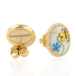 Natural Pearl Stud Earrings 18K Yellow Gold Diamond Enamel Jewelry Gift