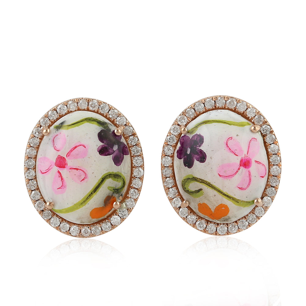 Mother of Pearl Stud Earrings Diamond 18k Rose Gold Enamel Jewelry