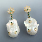 18k Yellow Gold Dangle Earrings Emerald Gemstone Women Jewelry