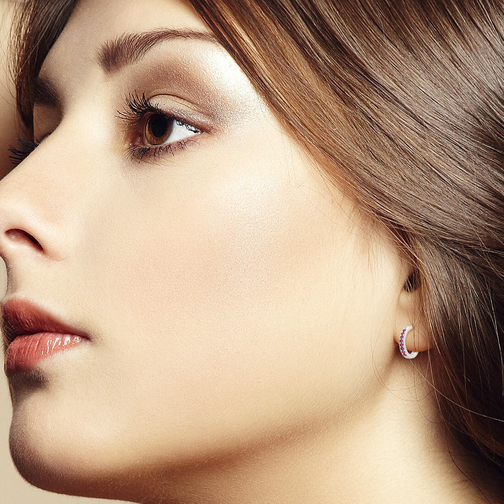 10K White Gold Pave Ruby July Birthstone Huggie Earrings Jewelry