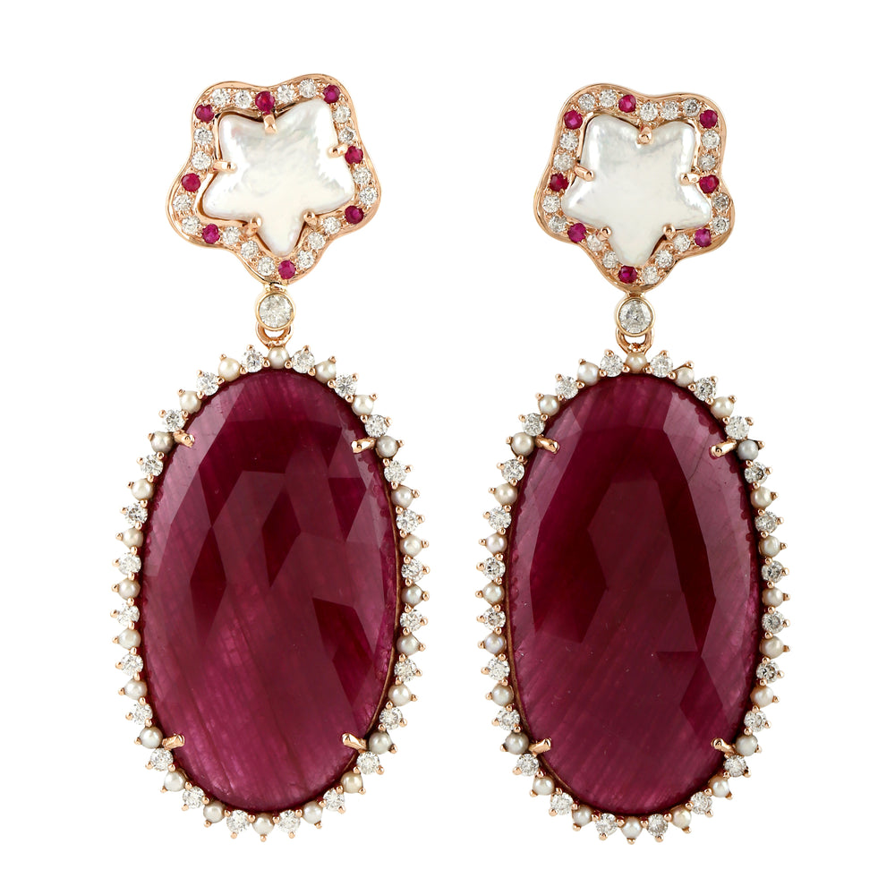 Natural Pearl Diamond & Ruby Gemstone Dangle Earrings 18K Rose Gold Jewelry