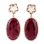 Natural Pearl Diamond & Ruby Gemstone Dangle Earrings 18K Rose Gold Jewelry