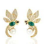 Bezel Set Emerald Pave Diamond Dragonfly Stud Earrings 18k Yellow Gold Gemstone Jewelry