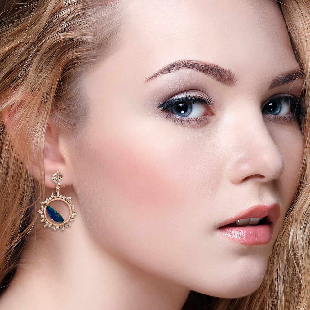 18kt Gold Opal Gemstone Designer Dangle Earrings October Birthstone Jewelry