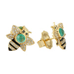 Pave Diamond Emerald Honey Bee Stud Earrings 18k Yellow Gold Enamel Gift