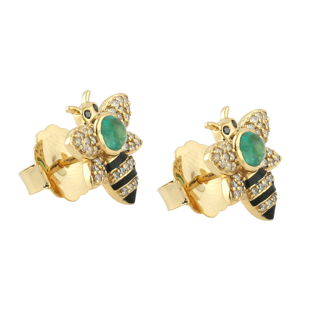 Pave Diamond Emerald Honey Bee Stud Earrings 18k Yellow Gold Enamel Gift