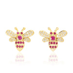 Natural Ruby & Diamond Honeybee Stud Earrings In 18k Yellow Gold
