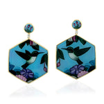 Beautiful Handpainted Birds Pearl Hexagon Danglers Diamond Jewelry In 18k Gold