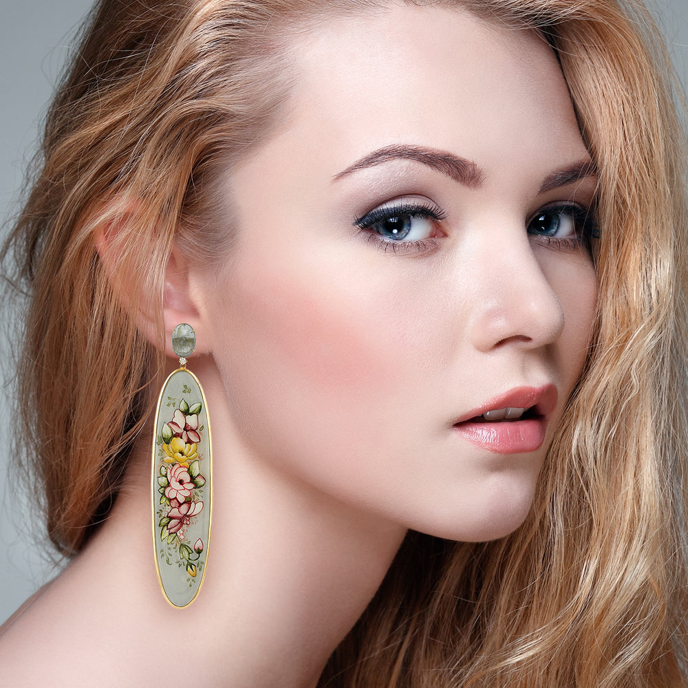 Tourmaline & Pave Diamond Dangle Earrings 18k Yellow Gold Bakelite/Enamel Jewelry