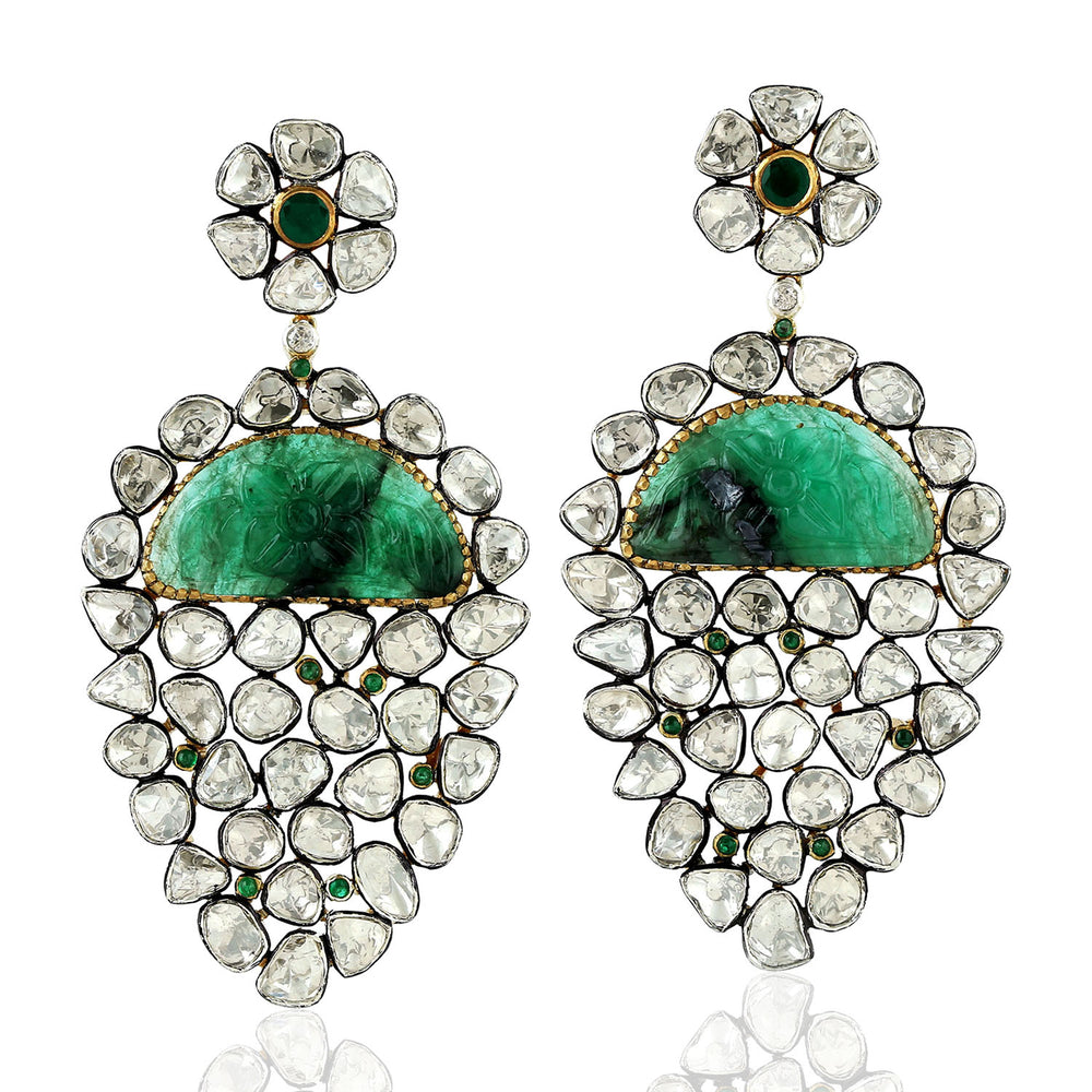 Natural Emerald Uncut Rosecut Diamond Dangle Earrings 18K Yellow Gold 925 Silver Jewelry
