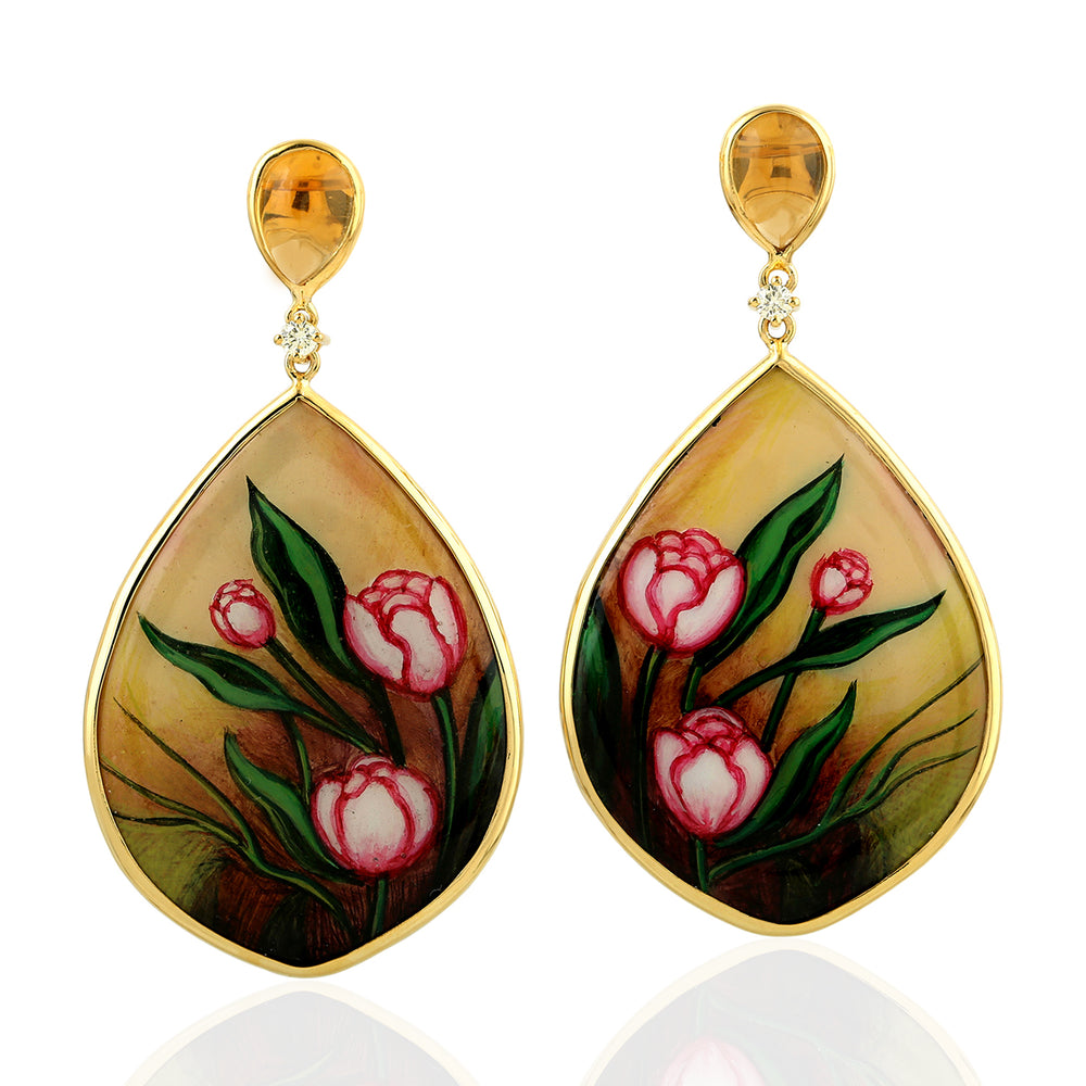 Natural Onyx Drop/Dangle Earrings Citrine 18k Yellow Gold Enamel Jewelry