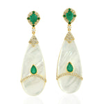 18K Yellow Gold Emerald & Mother Of Pearl Drop Dangle Earrings Diamond Jewelry