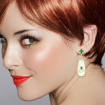 18K Yellow Gold Emerald & Mother Of Pearl Drop Dangle Earrings Diamond Jewelry