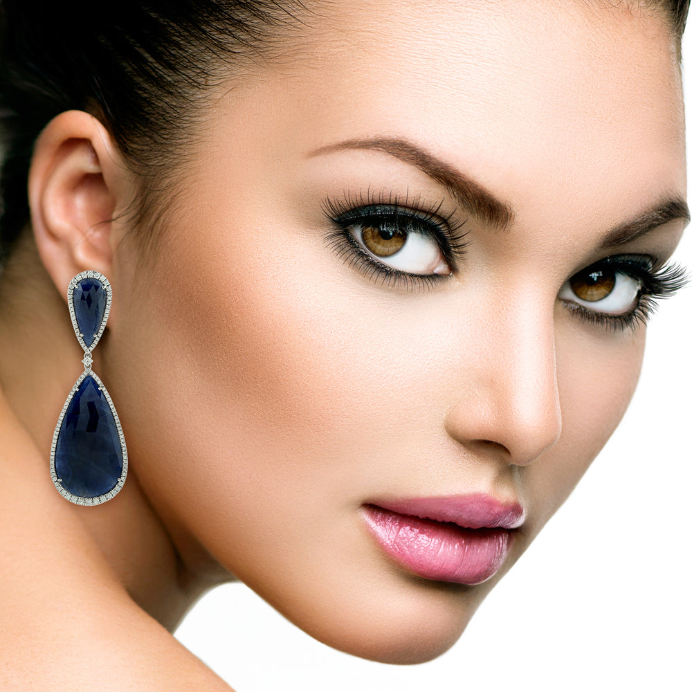 Natural Blue Sapphire Tear Drop Dangle Earrings 18K White Gold Diamond Jewelry