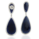 Natural Blue Sapphire Tear Drop Dangle Earrings 18K White Gold Diamond Jewelry