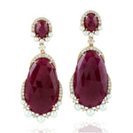 NaturalPearl Ruby Gemstone Dangle Earrings 18K Rose Gold Diamond Jewelry