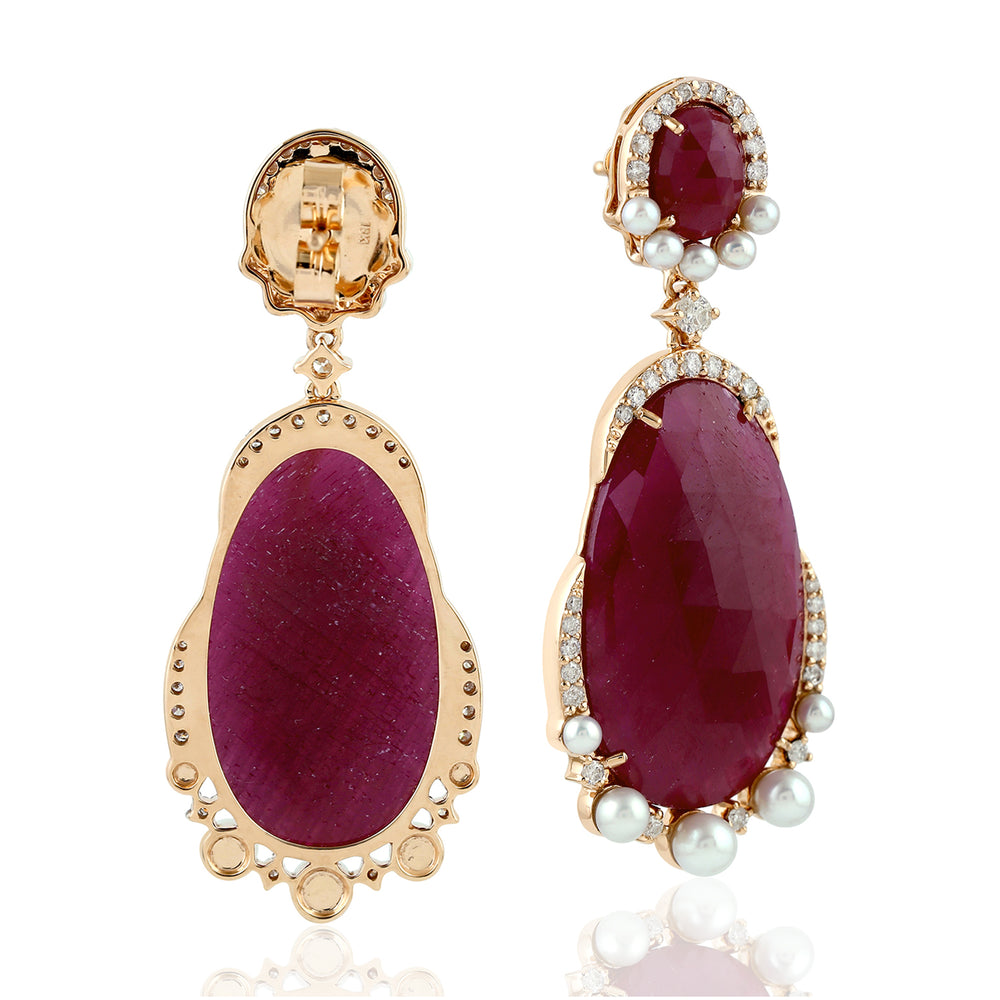 NaturalPearl Ruby Gemstone Dangle Earrings 18K Rose Gold Diamond Jewelry