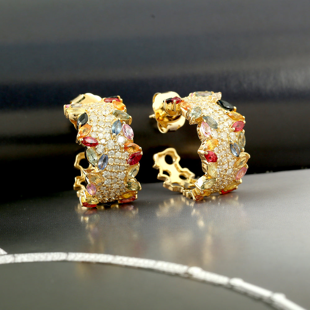 Multicolor Sapphire & Diamond Hoop Earrings In 18k Yellow Gold For Her