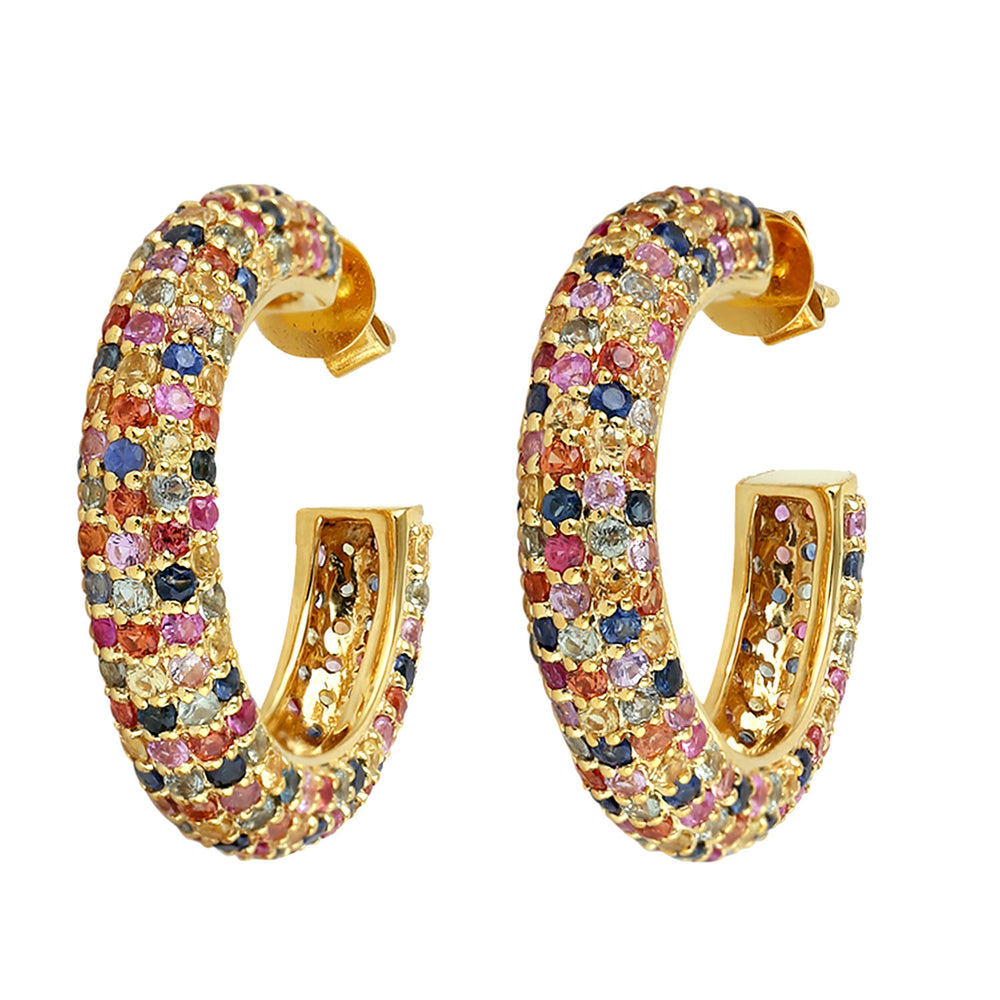 Multicolor Pave Sapphire Hoop Earrings In 18k Yellow Gold
