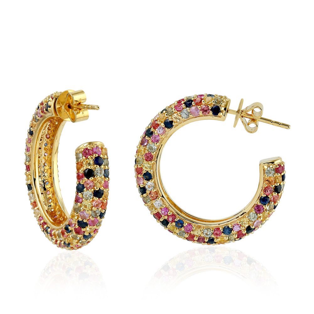 Multicolor Pave Sapphire Hoop Earrings In 18k Yellow Gold