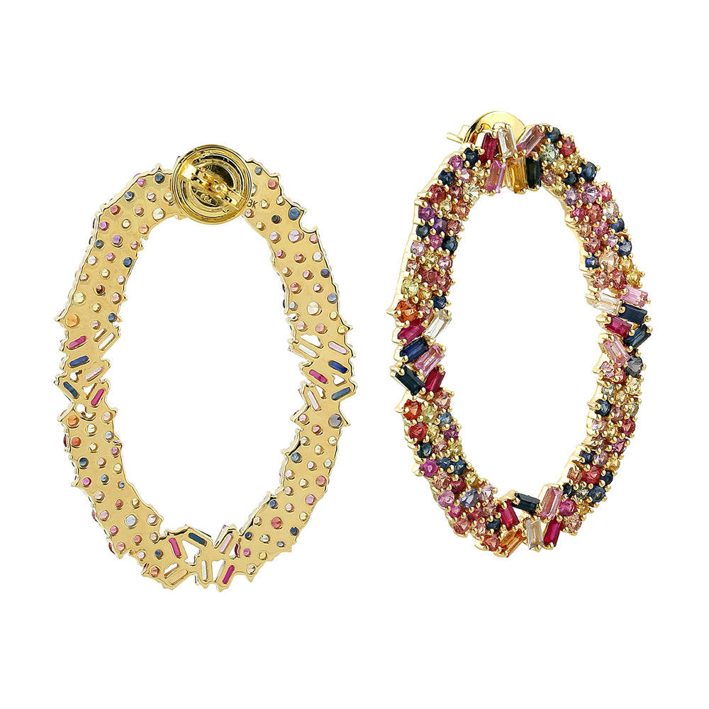 Multicolor Sapphire Cluster Front Hoop Earrings in 18k Yellow Gold
