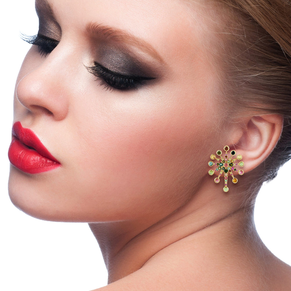 Beautiful Tourmaline Star Burst Designer Stud Earrings in 18k Gold For Her