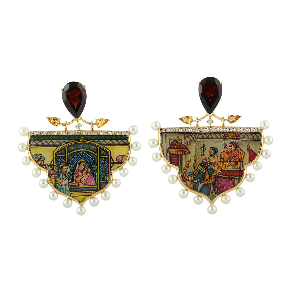 Multi Gemstone Miniacture Painting Dangle Earrings 18k Yellow Gold Jewelry