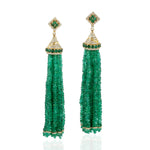 Natural Emerald Beads Tassel Dangle Earrings 18K Yellow Gold Diamond Jewelry