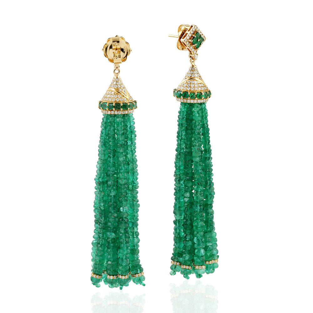 Natural Emerald Beads Tassel Dangle Earrings 18K Yellow Gold Diamond Jewelry