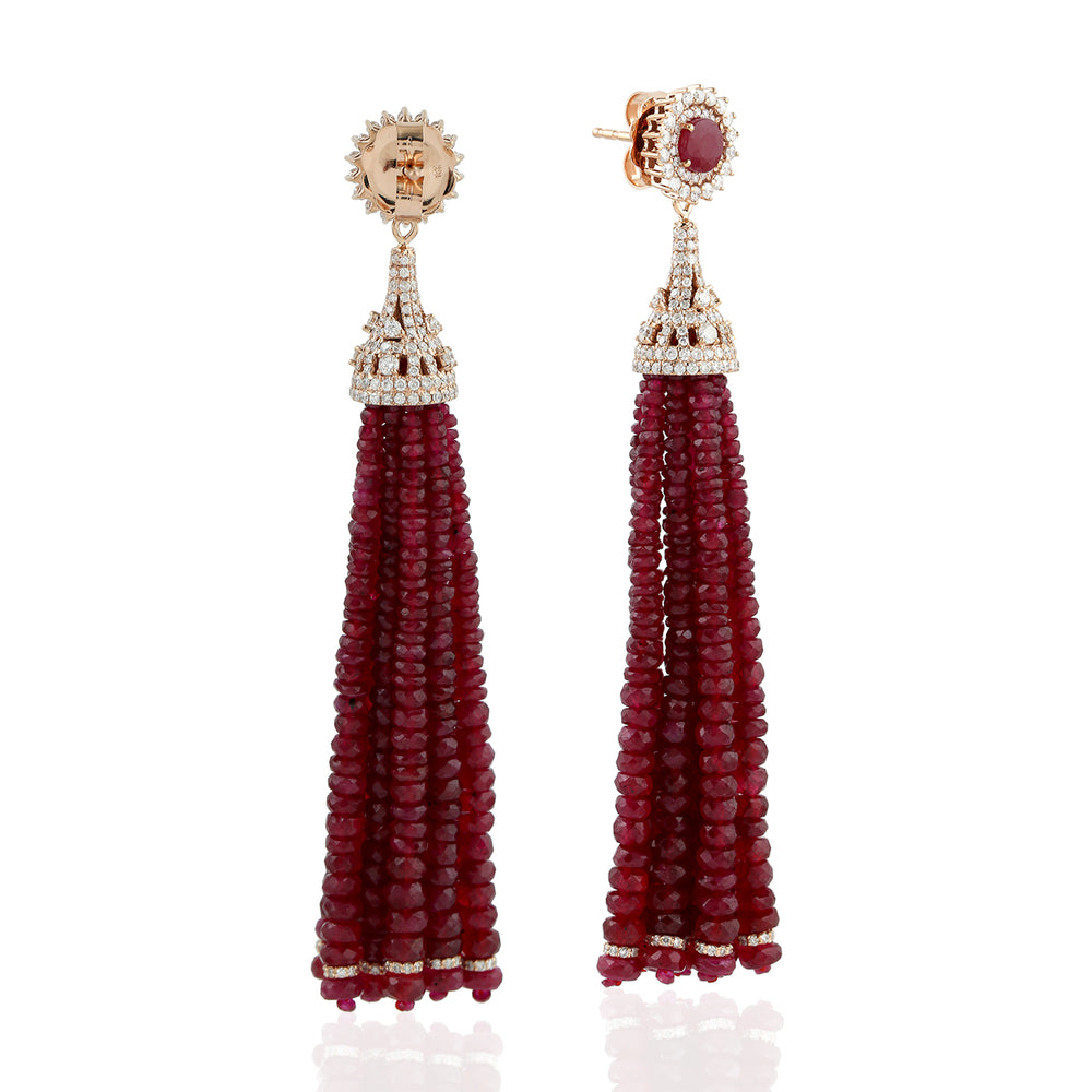 Natural Ruby Beads Tassel Earrings 18K Rose Gold Diamond Jewelry Gift