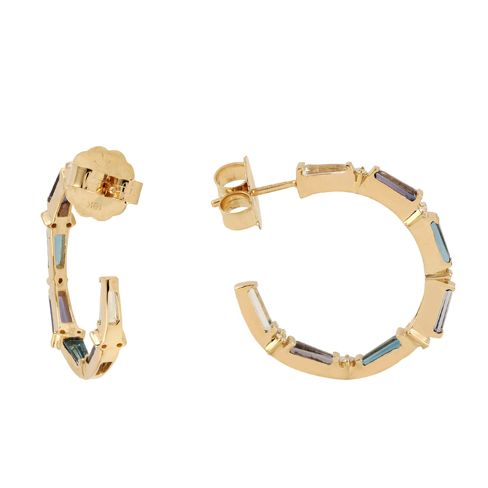 Tapered Baguette Lolite,Topaz,Moonstone & Diamond Hoop Earrings In 18k Yellow Gold