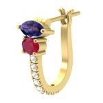 Natural Ruby Blue Sapphire Huggie Earrings 18K Yellow Gold Diamond Jewelry Gift