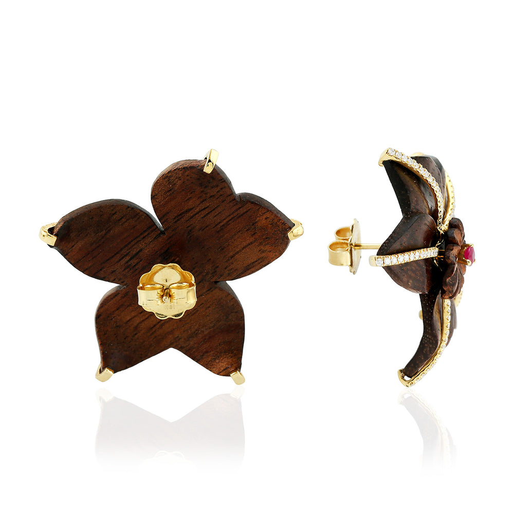 Natural Diamond Stud Earrings 18k Yellow Gold Ruby Wood Jewelry