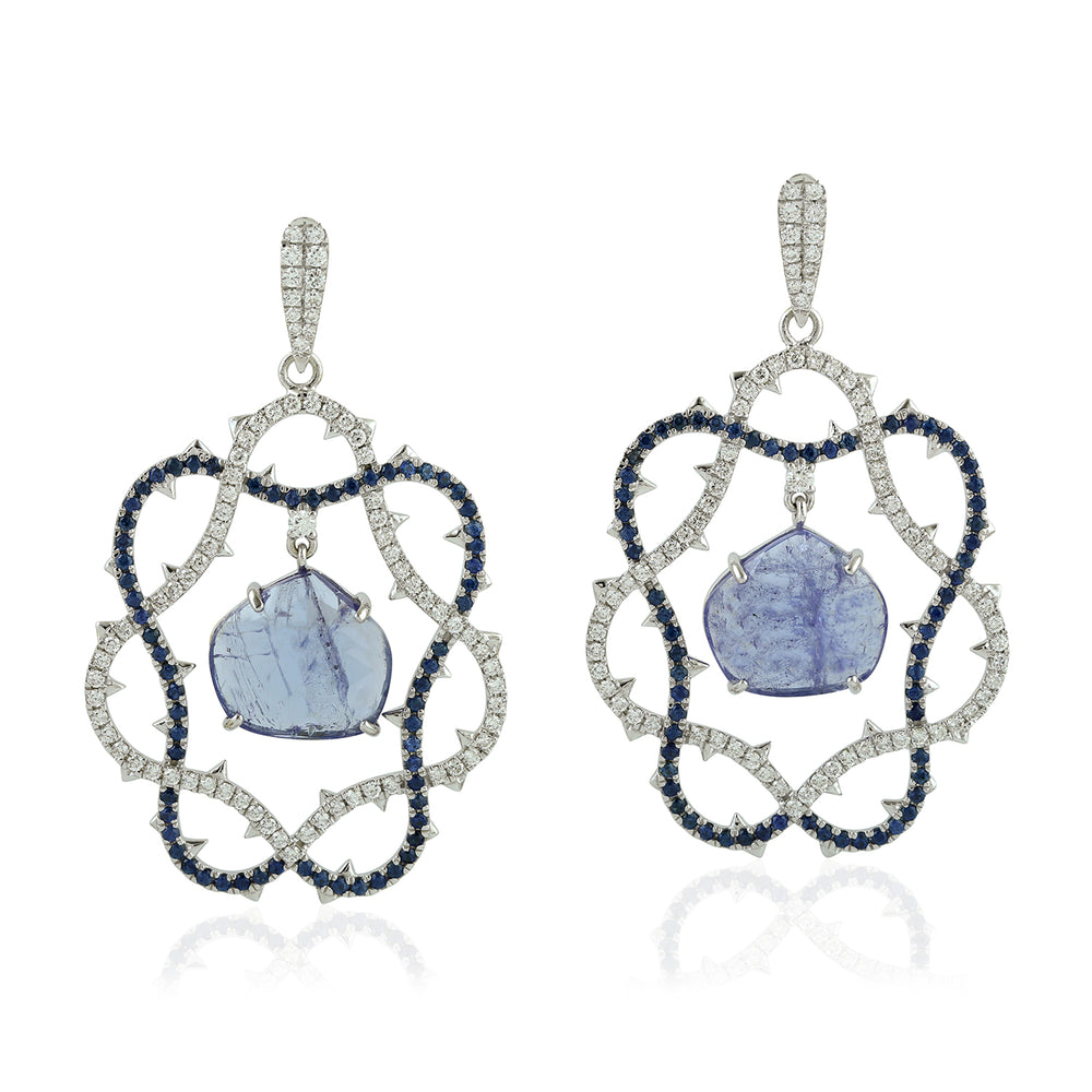 Blue Tanzanite Sapphire Diamond Designer Earrings in 18k Gold