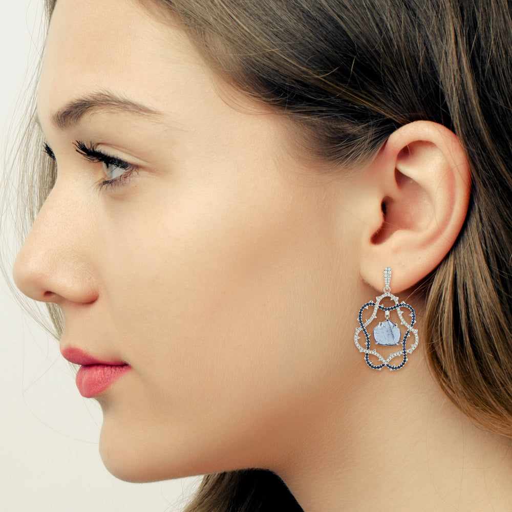 Blue Tanzanite Sapphire Diamond Designer Earrings in 18k Gold