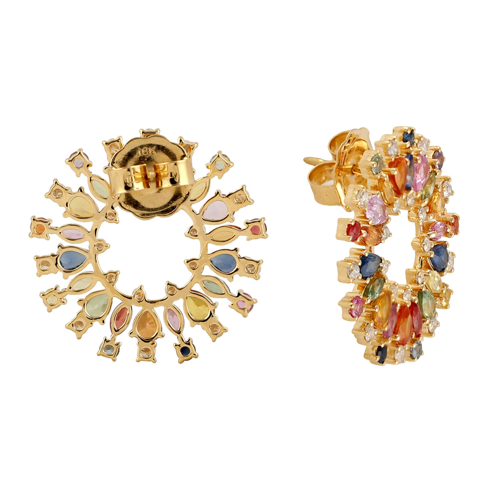 Multi Sapphire Gemstone Diamond Sunburst Stud Earrings In 18k Yellow Gold