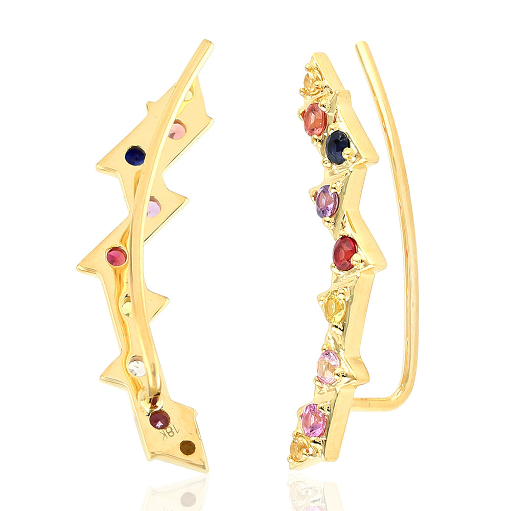 18k Yellow Gold Multi Sapphire Geometric Ear Climbers For Womens Gift