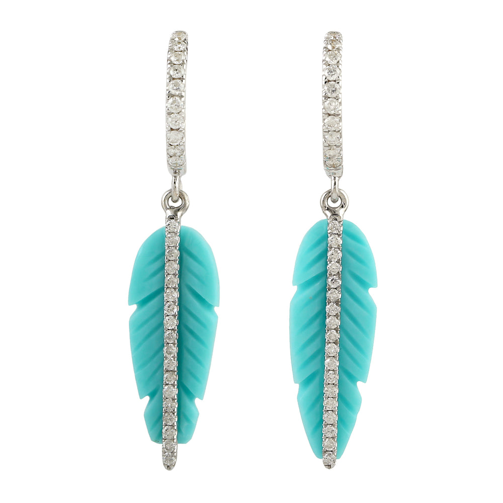 Carved Leaf Turquoise Diamond Danglers In 18k White Gold