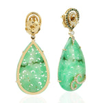 Carved Green Jade Pave Diamond Dangle Earrings 18K Yellow Gold Jewelry