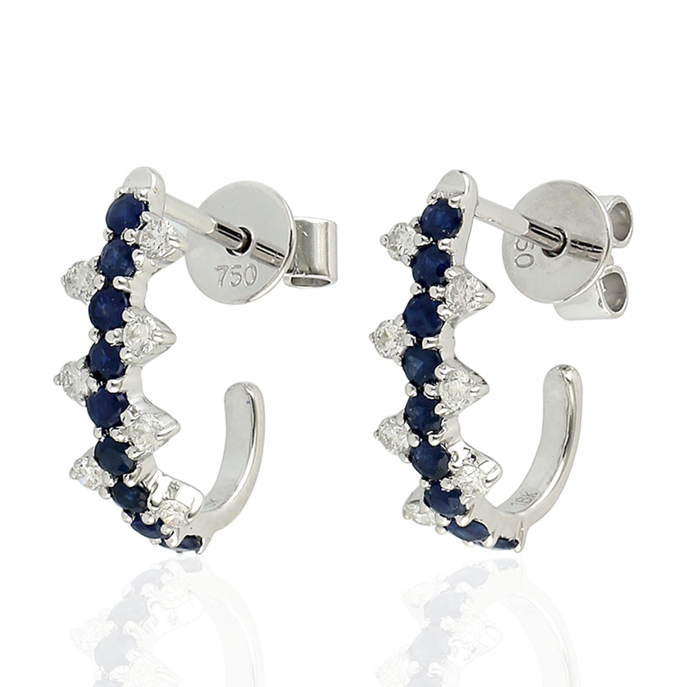 Natural Blue Sapphire Diamond J Design Stud Earrings In 18k White Gold