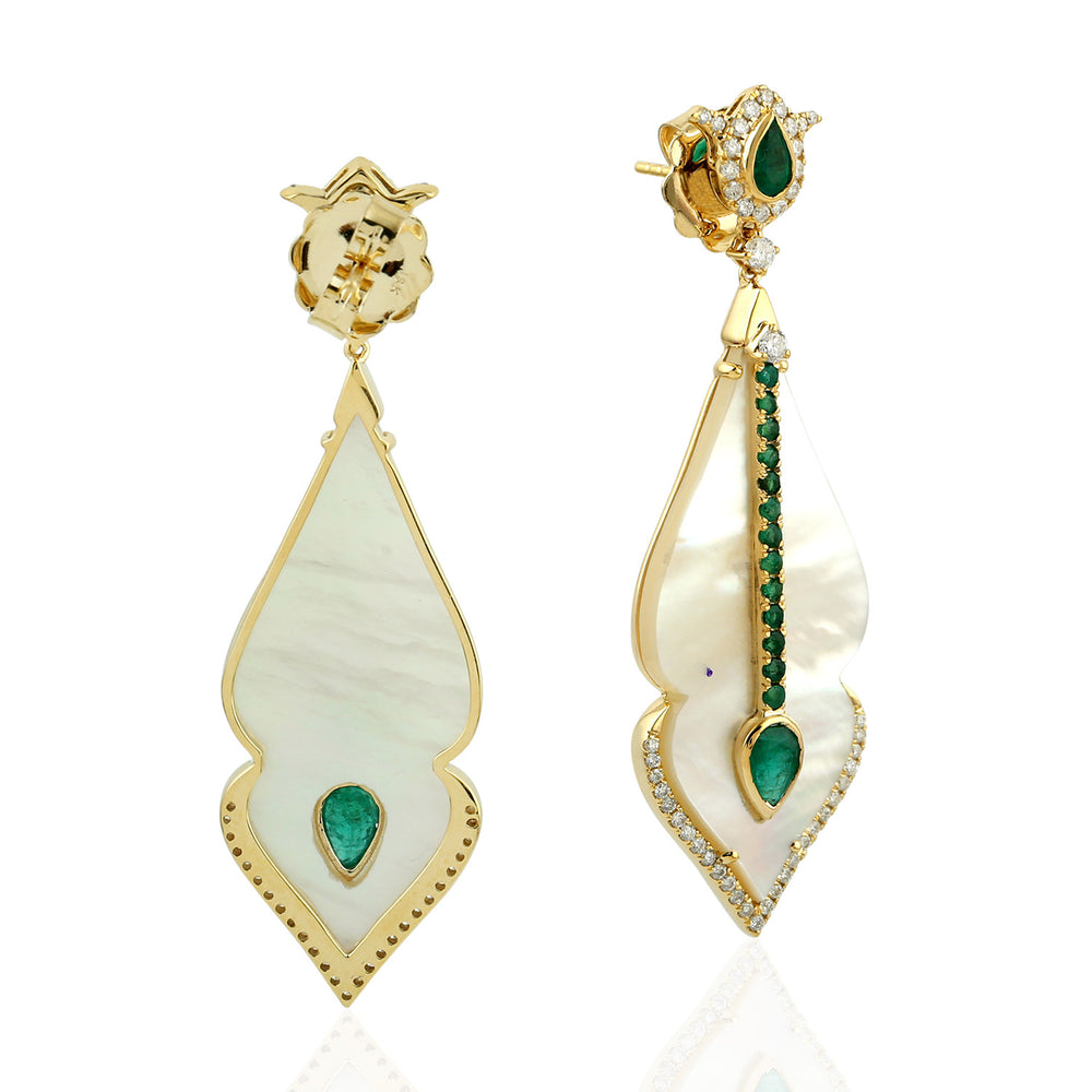 18k Yellow Gold Dangle Earrings Emerald Women Jewelry