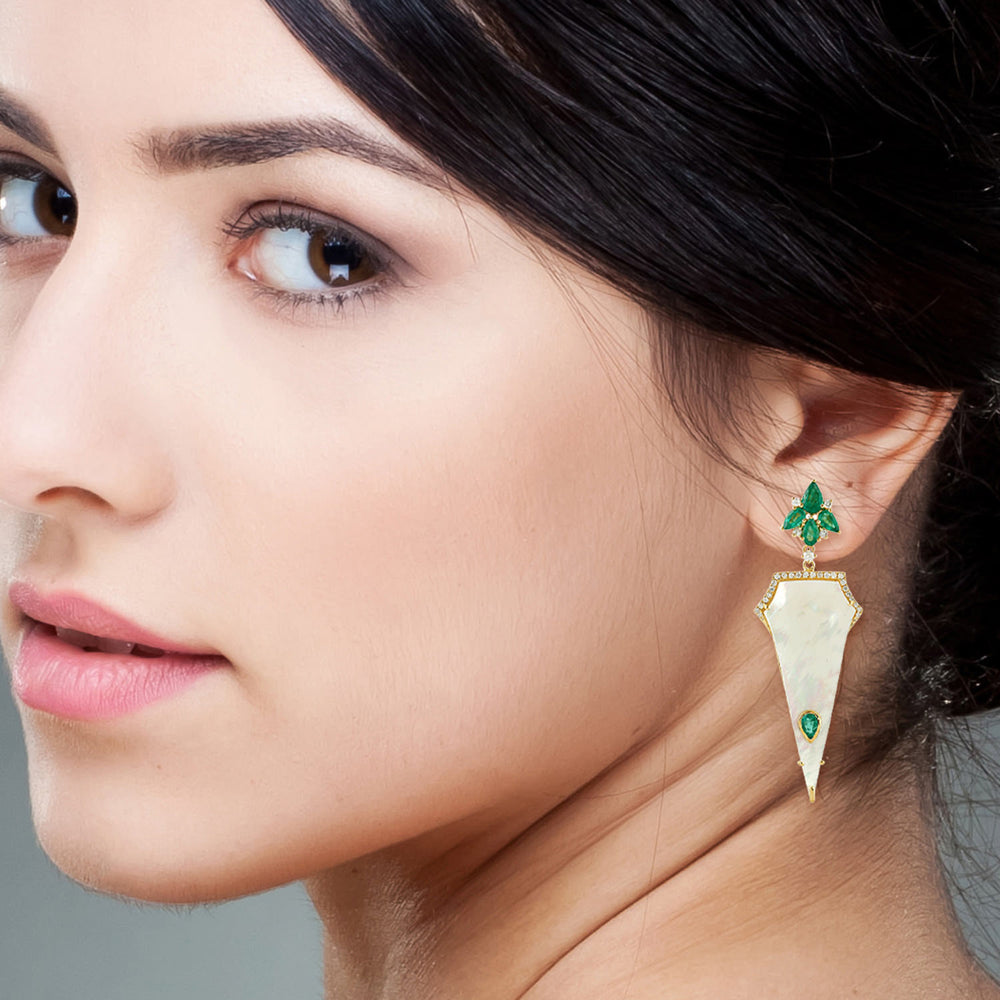 Natural Emerald Dangle Earrings 18K Yellow Gold Jewelry