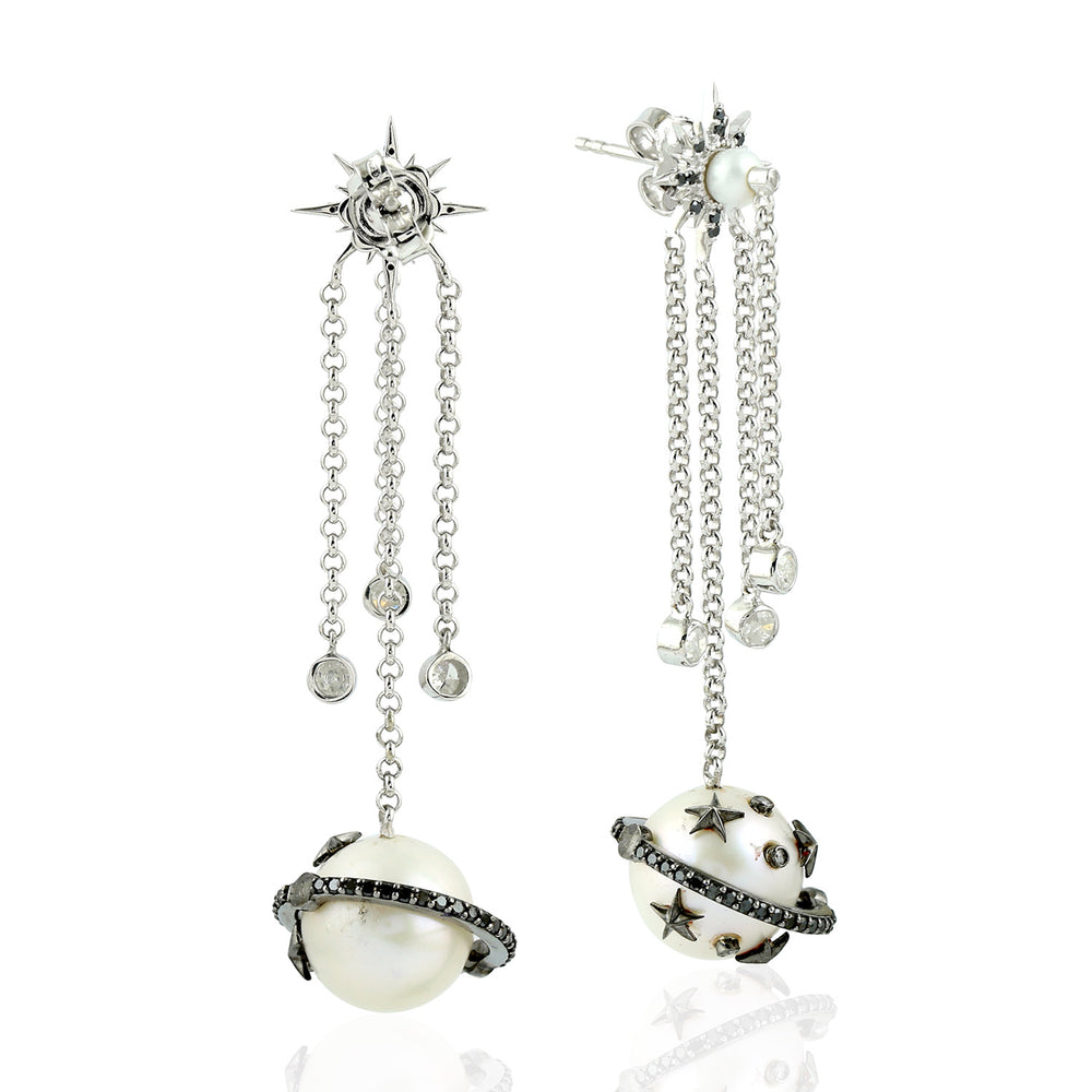 Pearl South Sea Natural Pearl Pave Diamond Planet Design Chandelier Earrings In Sterling Silver