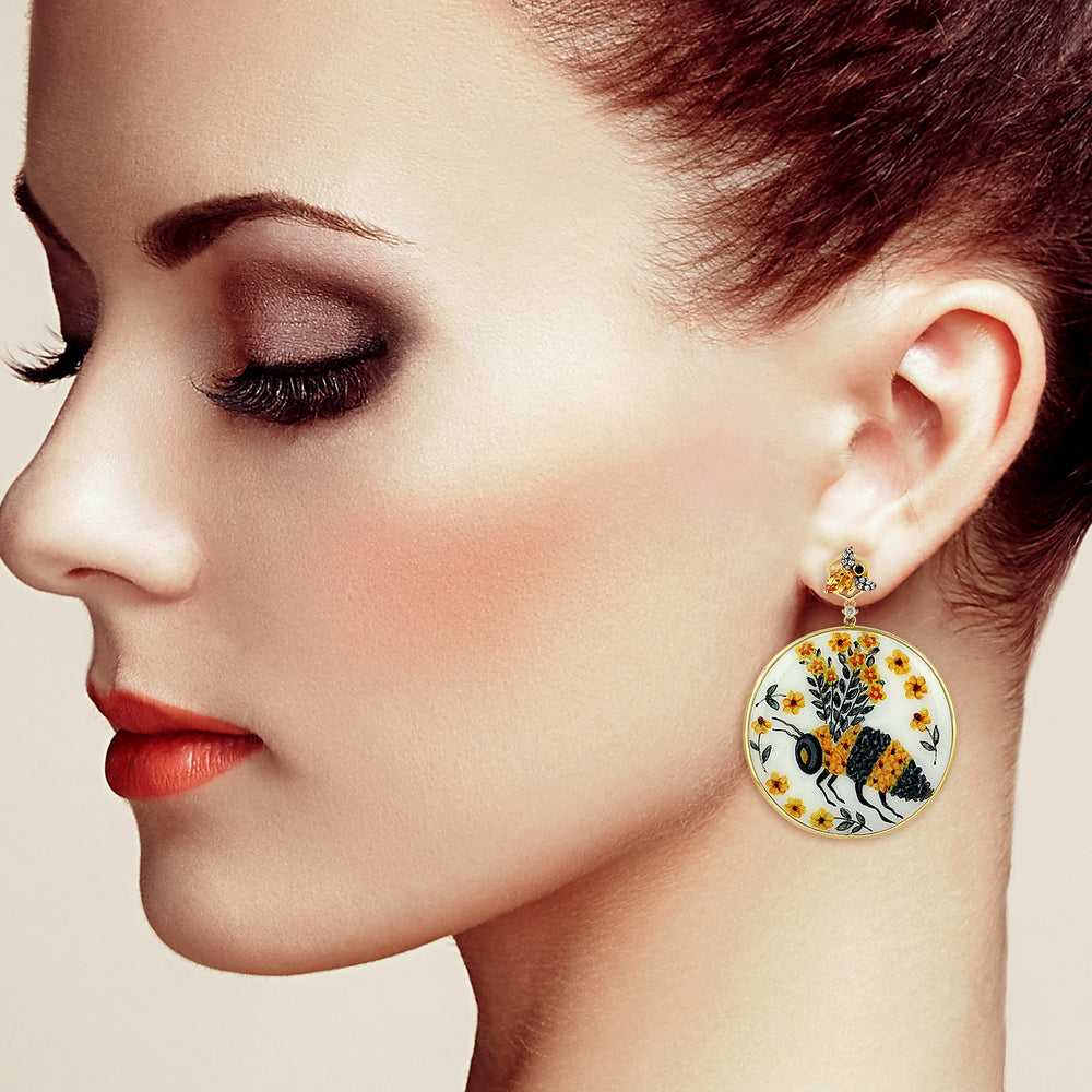 Natural Diamond Dangle Earrings 18k Yellow Gold Bakelite Jewelry