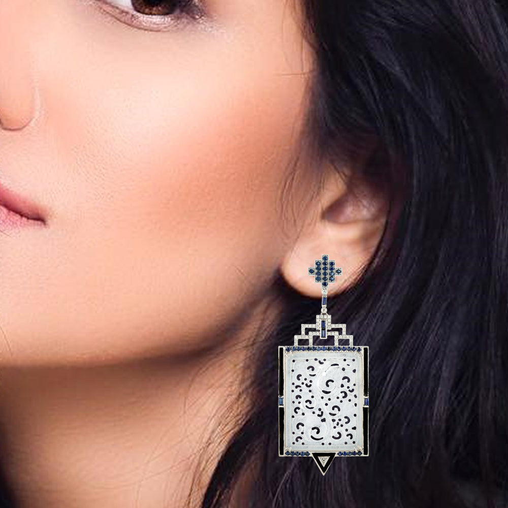 Natural Jade Drop/Dangle Earrings 18k White Gold Diamond Jewelry Gift
