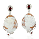 Pave Diamond Red Garnet Carved Shell Cameo Dangle Earrings Jewelry In 18k White Gold