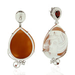 Pave Diamond Red Garnet Carved Shell Cameo Dangle Earrings Jewelry In 18k White Gold