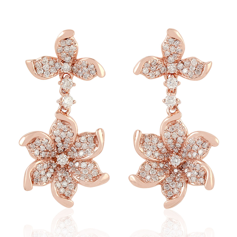 18k Rose Gold Natural Pave Diamond Flower Dangle Earrings Gift Jewelry