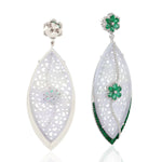 Carved Jade Emerald Pave Diamond Floral Drop Danglers In 18k White Gold For Her