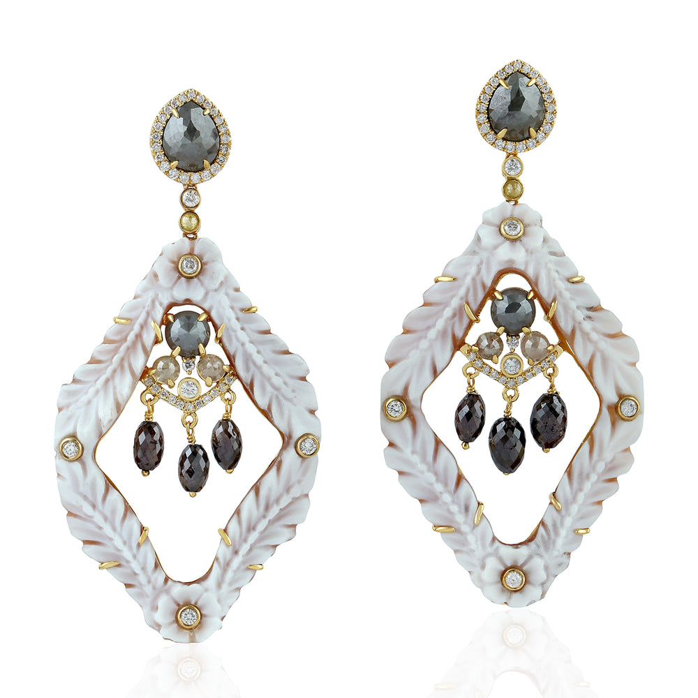 Shell Cameos Dangle Earrings 18k Yellow Gold Diamond Handmade Jewelry